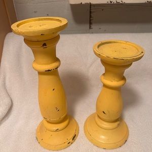 Distressed Yellow Pillar Candle holder set of 2